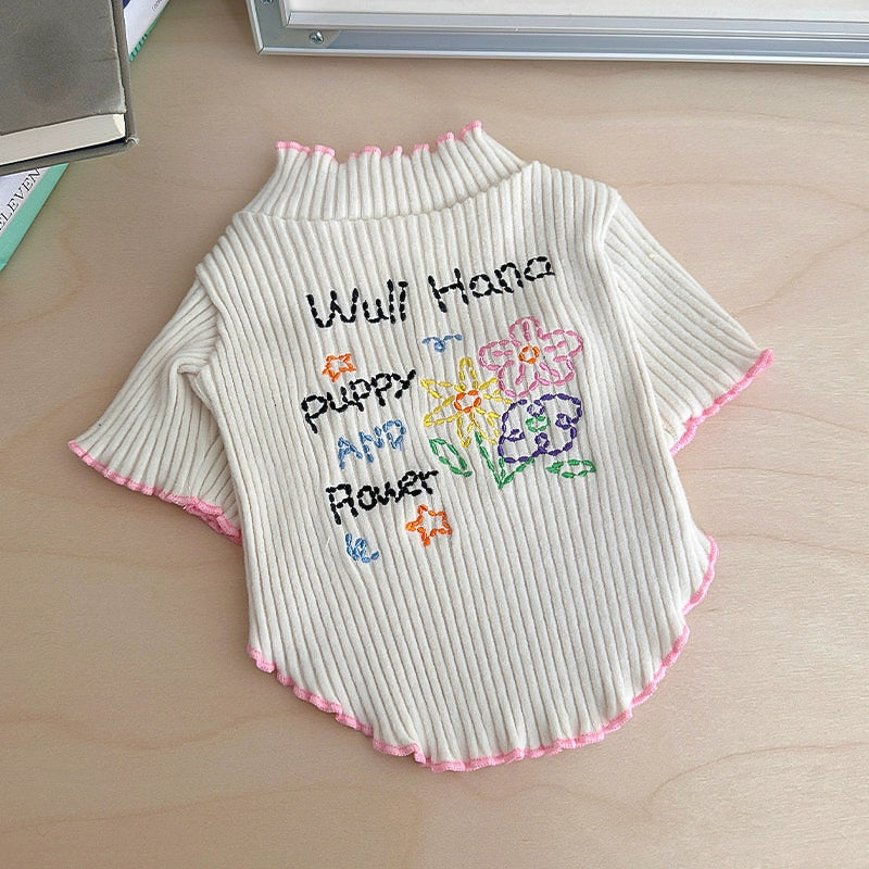 カラフルフラワー刺繍リブトップス