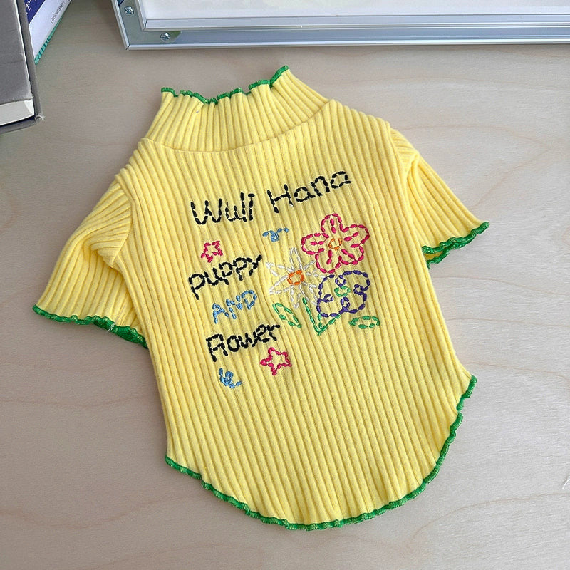 カラフルフラワー刺繍リブトップス