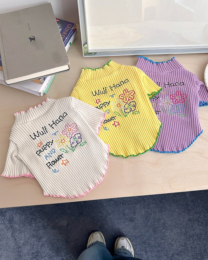 カラフルフラワー刺繍リブトップス
