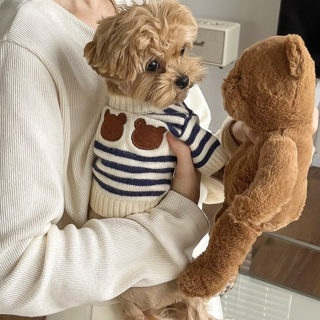 くまさん柄のクラシックボーダーニット